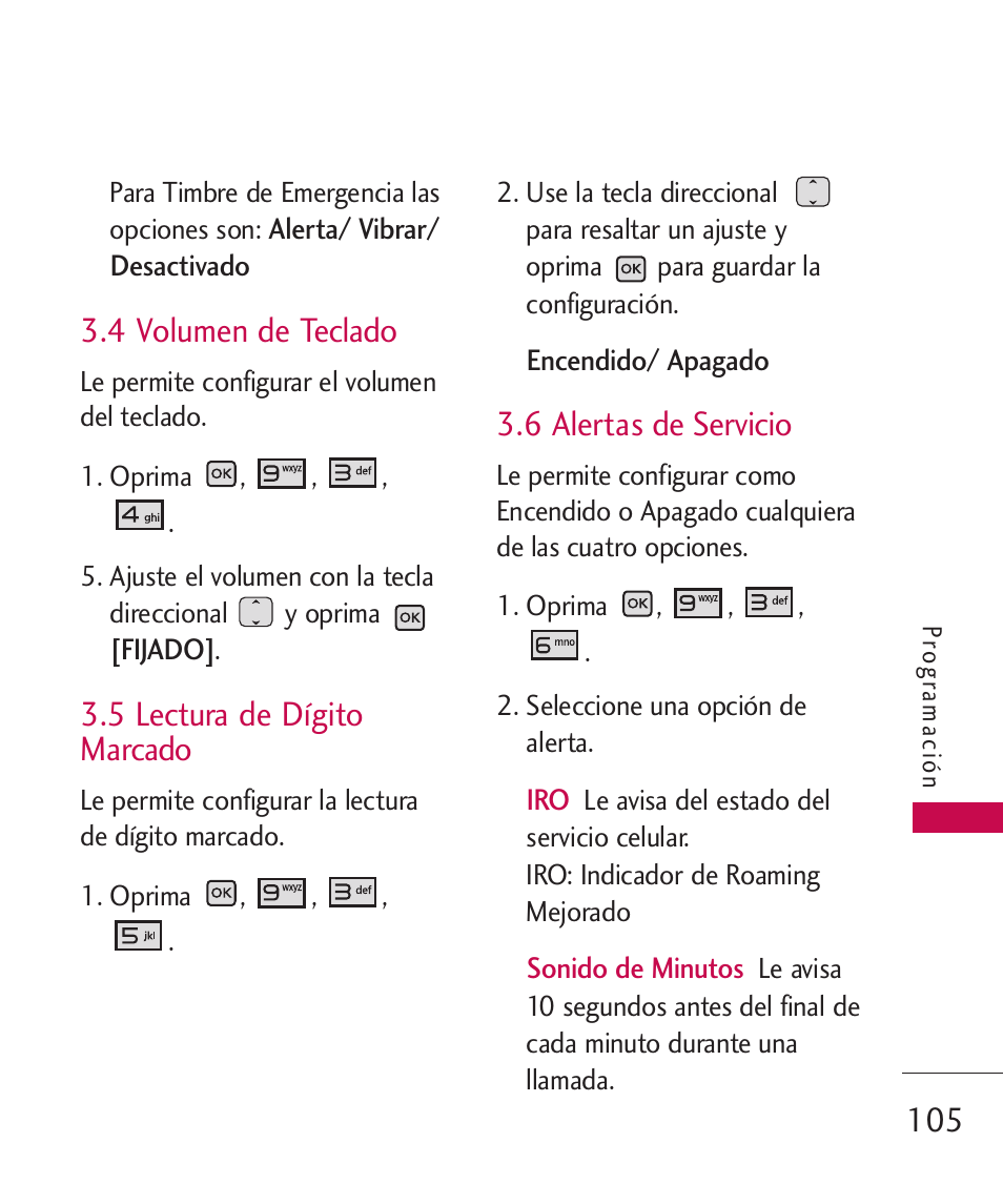 4 volumen de teclado, 5 lectura de dígito marcado, 6 alertas de servicio | LG LGAX8370 User Manual | Page 266 / 338