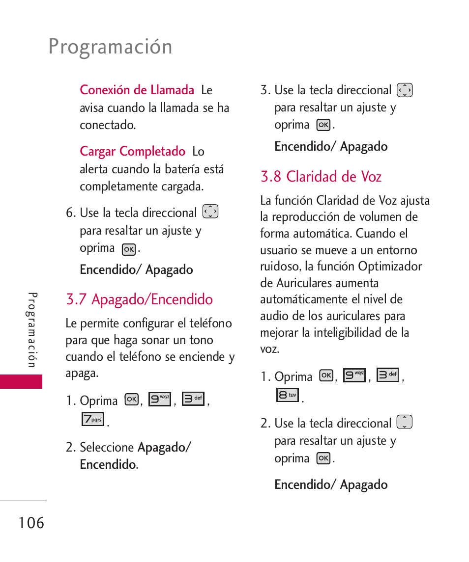 7 apagado/encendido, 8 claridad de voz, Programación | LG LGAX8370 User Manual | Page 267 / 338