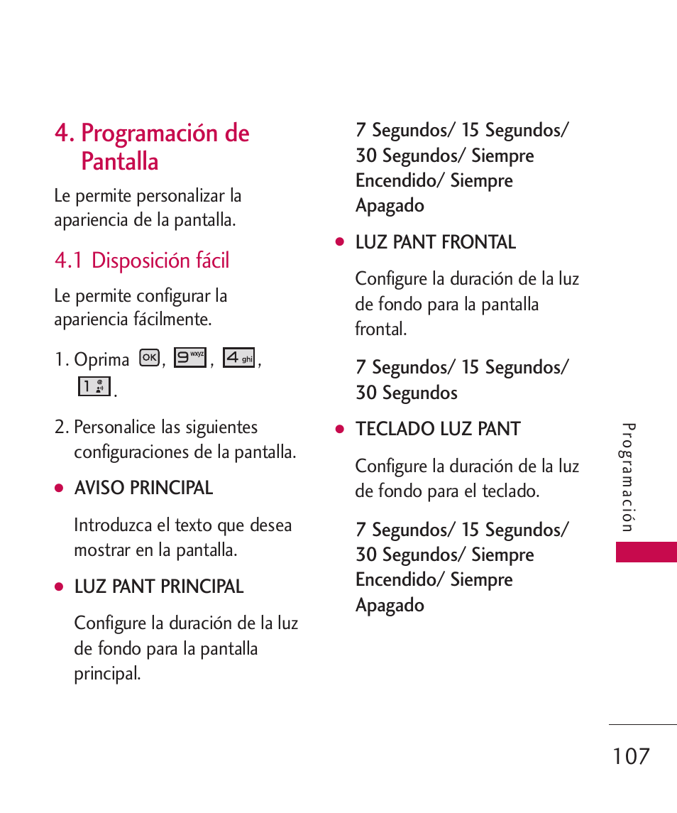 programación de pantalla, 1 disposición fácil, Programación de | Pantalla, Programación de pantalla | LG LGAX8370 User Manual | Page 268 / 338