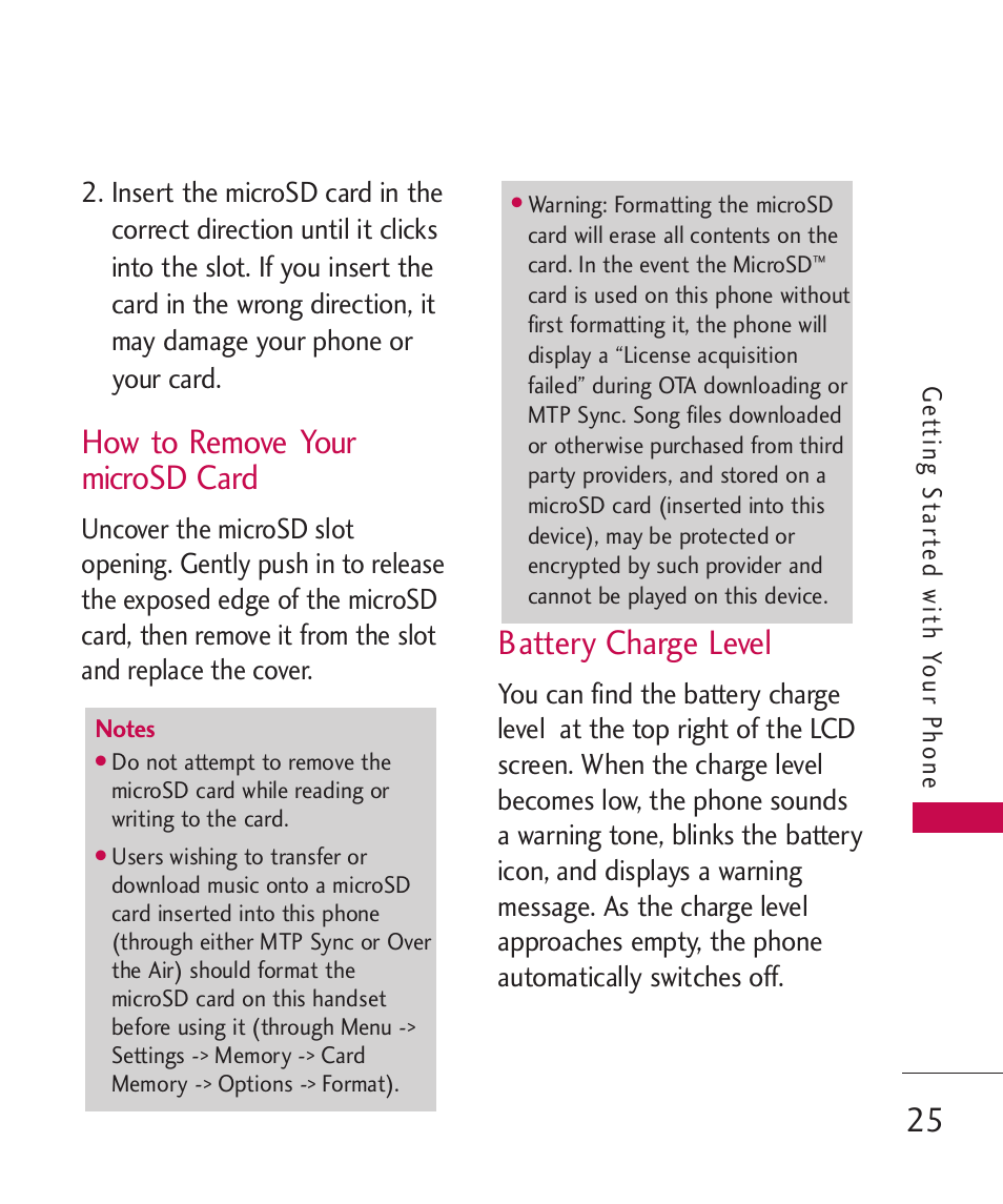 How to remove your microsd, Battery charge level, How to remove your microsd card | LG LGAX8370 User Manual | Page 27 / 338