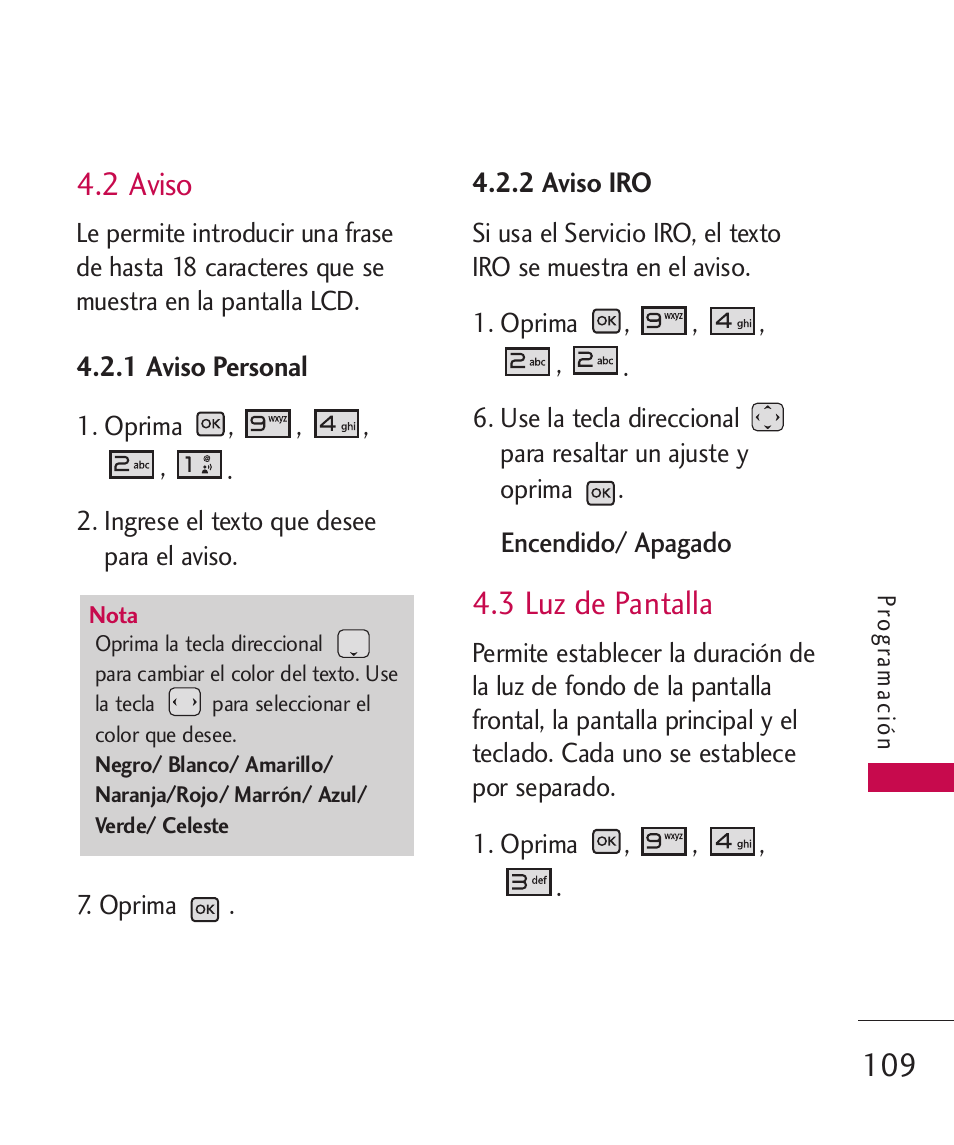 2 aviso, 1 aviso personal, 2 aviso iro | 3 luz de pantalla | LG LGAX8370 User Manual | Page 270 / 338