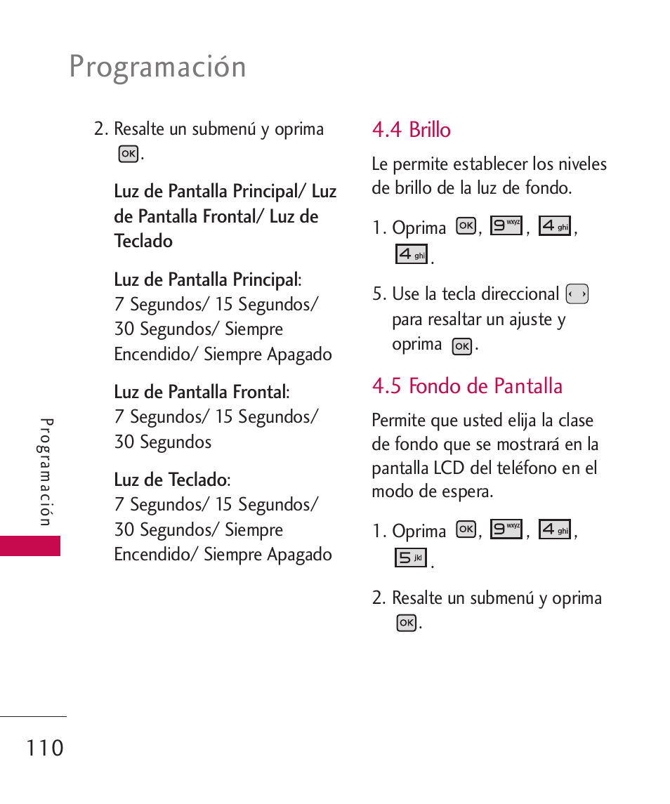 4 brillo, 5 fondo de pantalla, Programación | LG LGAX8370 User Manual | Page 271 / 338