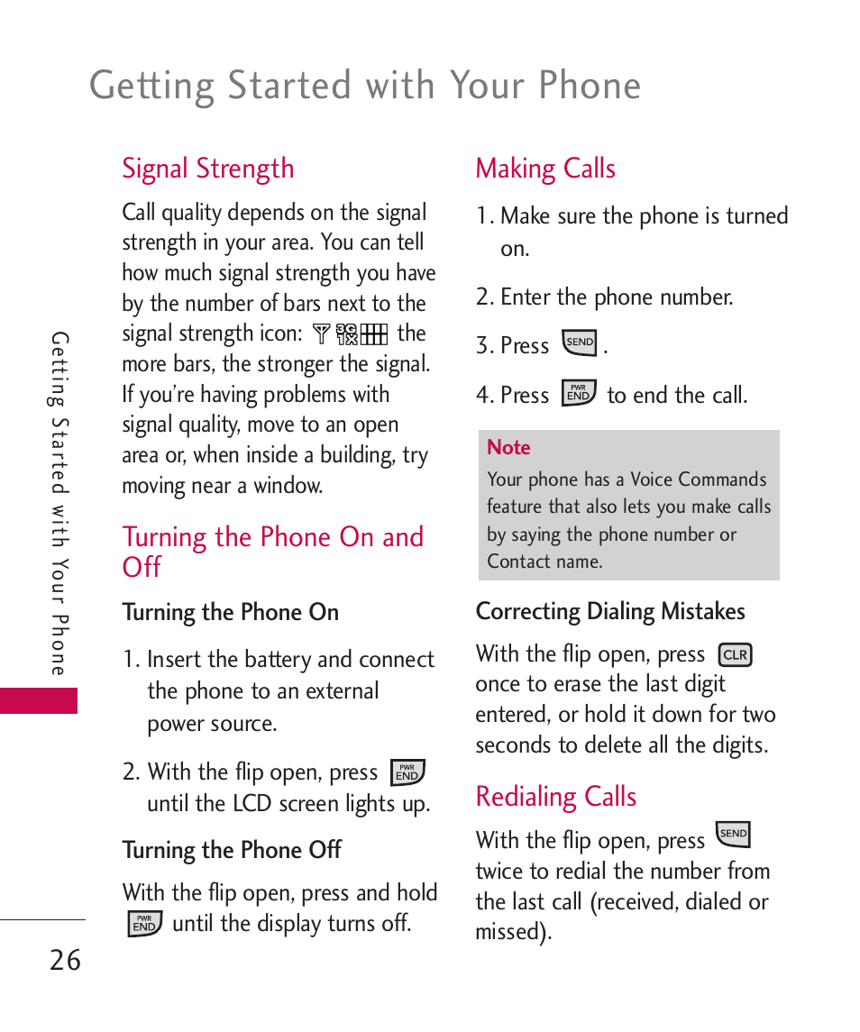 Signal strength, Turning the phone on and off, Making calls | Redialing calls, Turning the phone on and off 26, Getting started with your phone | LG LGAX8370 User Manual | Page 28 / 338