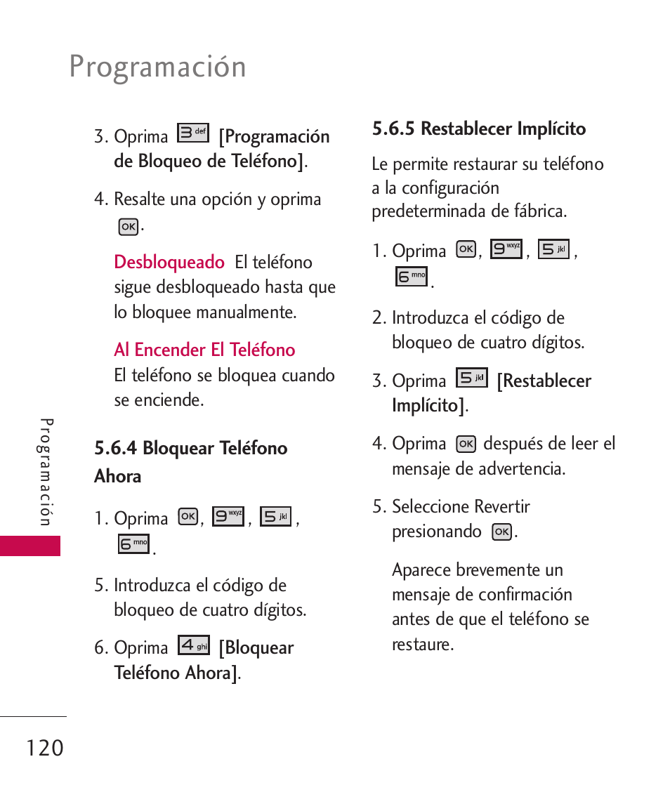 4 bloquear teléfono ahora, 5 restablecer implícito, Programación | LG LGAX8370 User Manual | Page 281 / 338