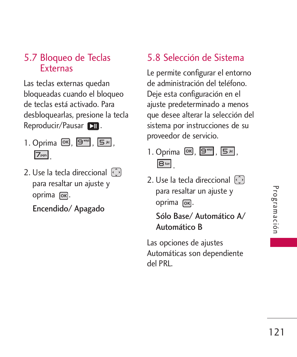 7 bloqueo de teclas externas, 8 selección de sistema | LG LGAX8370 User Manual | Page 282 / 338