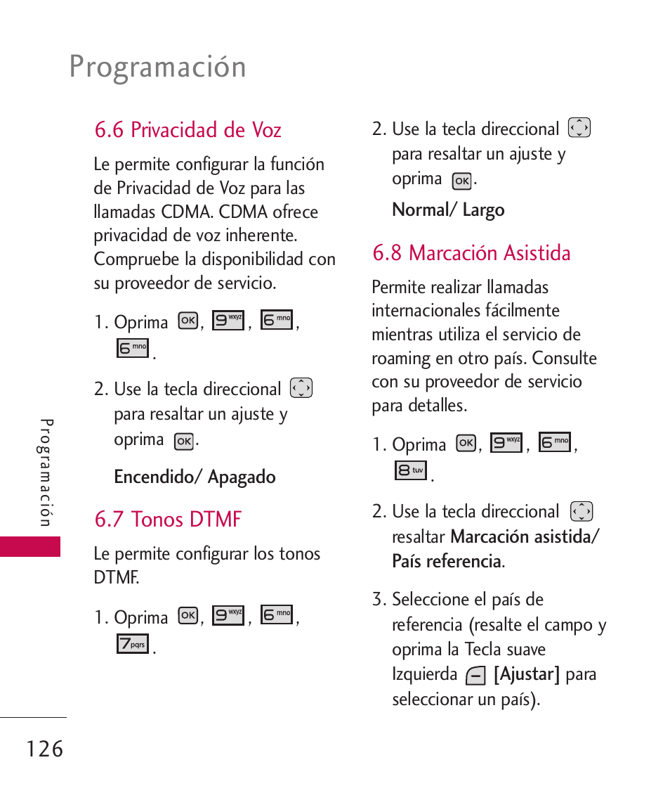 6 privacidad de voz, 7 tonos dtmf, 8 marcación asistida | Programación | LG LGAX8370 User Manual | Page 287 / 338