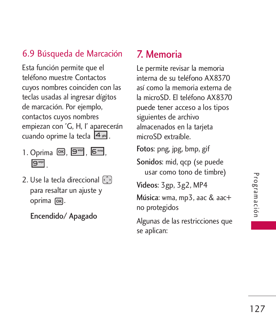 9 búsqueda de marcación, Memoria | LG LGAX8370 User Manual | Page 288 / 338