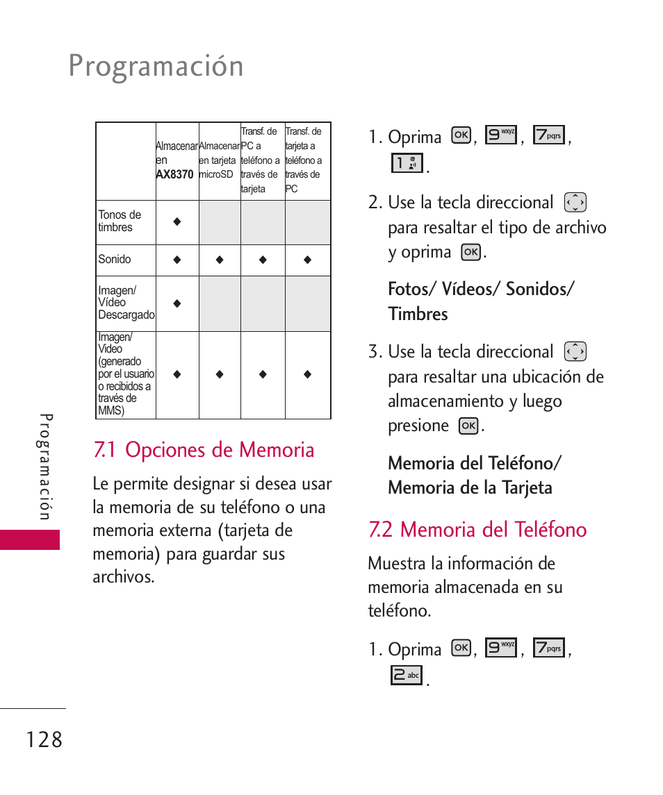 1 opciones de memoria, 2 memoria del teléfono, Programación | Fotos/ vídeos/ sonidos/ timbres, Pro gra ma ció n | LG LGAX8370 User Manual | Page 289 / 338