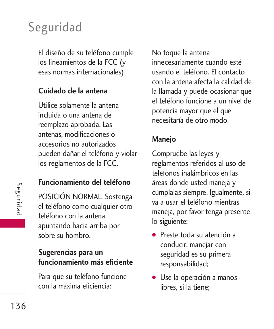 Cuidado de la antena, Funcionamiento del teléfono, Sugerencias para un funciona | Manejo, Sugerencias para un funcionamiento más eficiente, Seguridad | LG LGAX8370 User Manual | Page 297 / 338