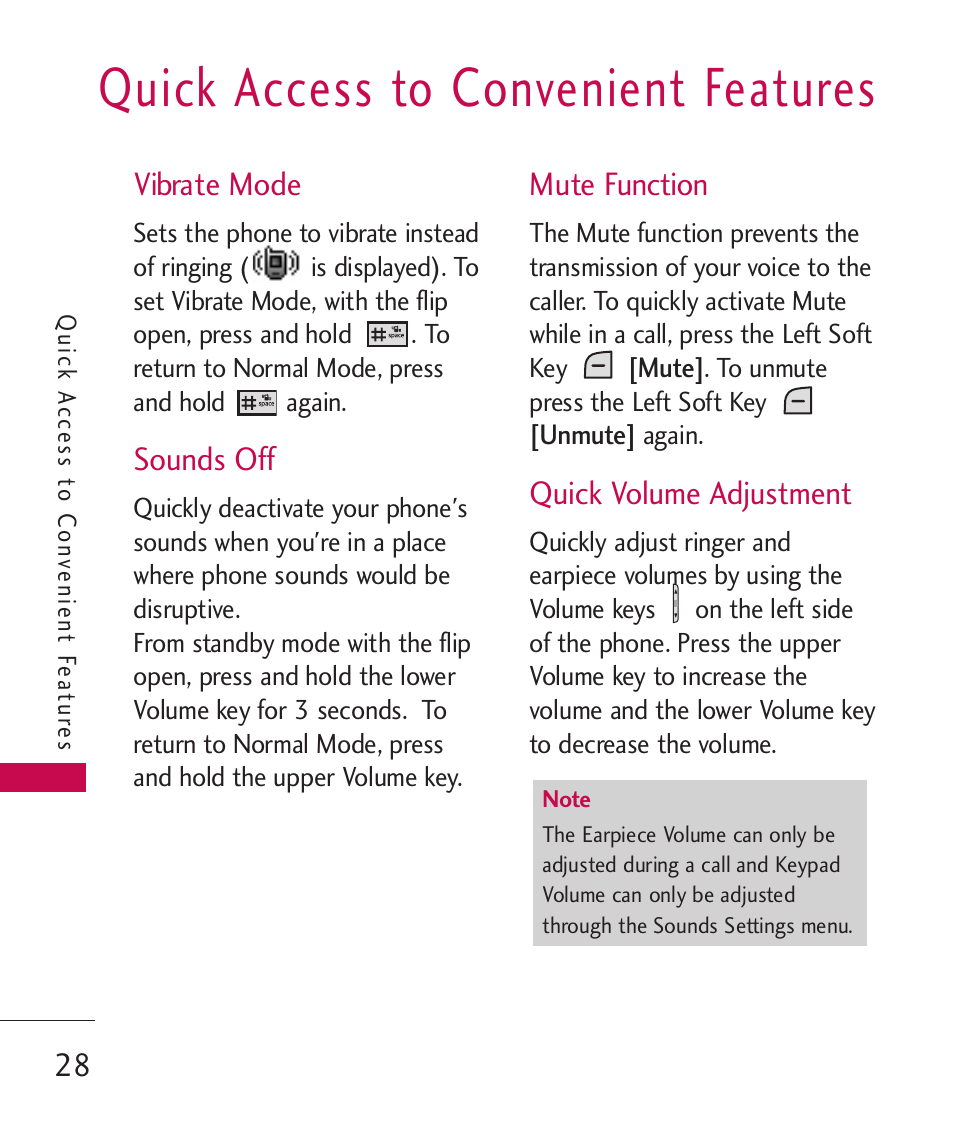 Quick access to convenient, Vibrate mode, Sounds off | Mute function, Quick volume adjustment, Quick access to, Convenient features, Quick access to convenient features | LG LGAX8370 User Manual | Page 30 / 338