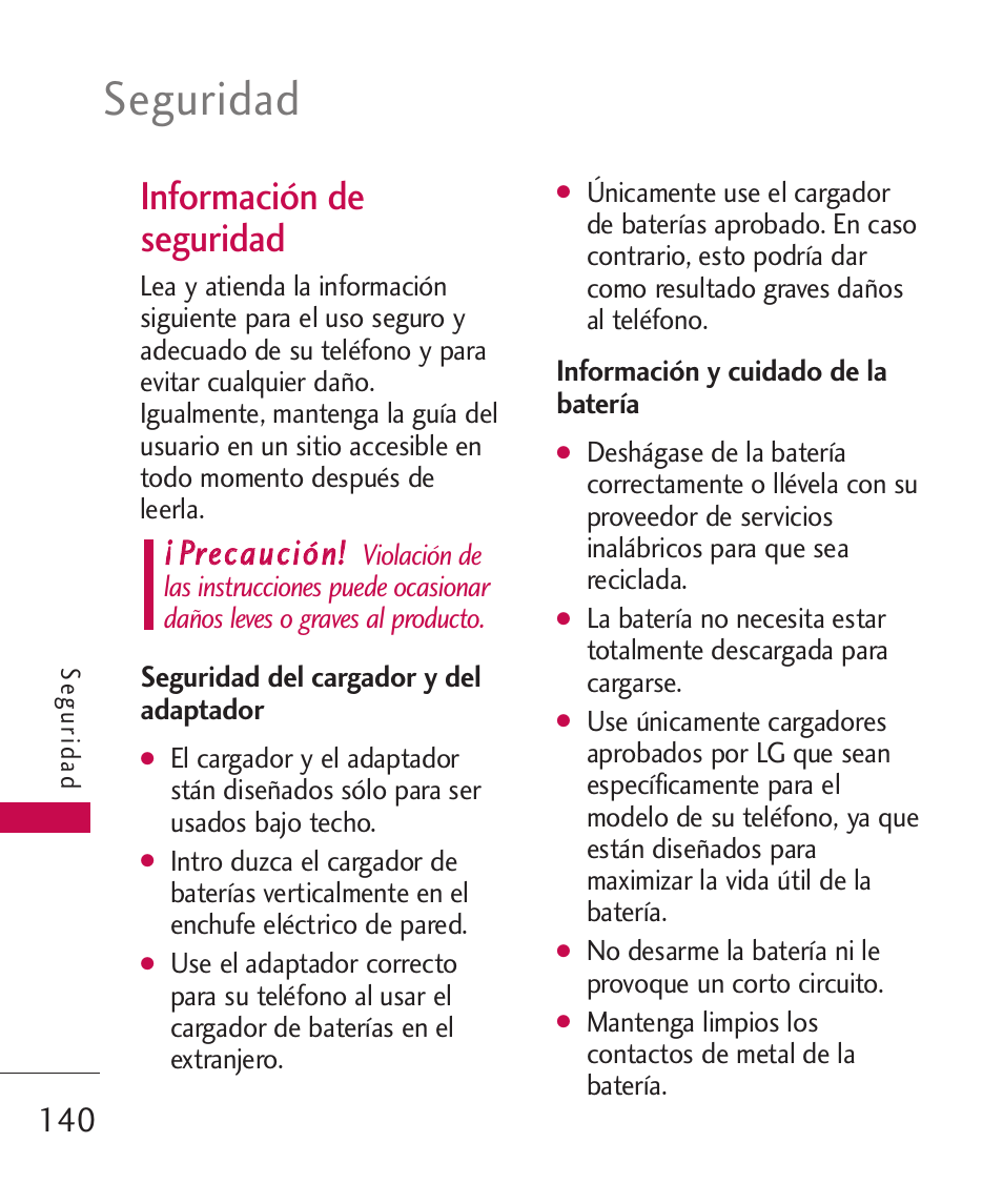 Información de seguridad, Seguridad del cargador y del, Información y cuidado de la | Seguridad del cargador y del adaptador, Información y cuidado de la batería, Seguridad | LG LGAX8370 User Manual | Page 301 / 338