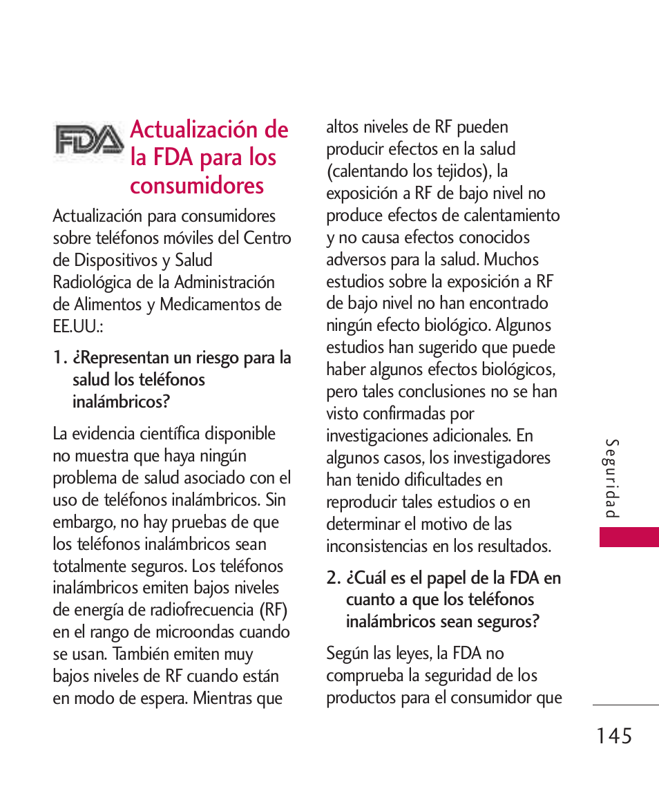 Actualización de la fda par, Actualización de la fda, Para los consumidores | Actualización de la fda para los consumidores | LG LGAX8370 User Manual | Page 306 / 338