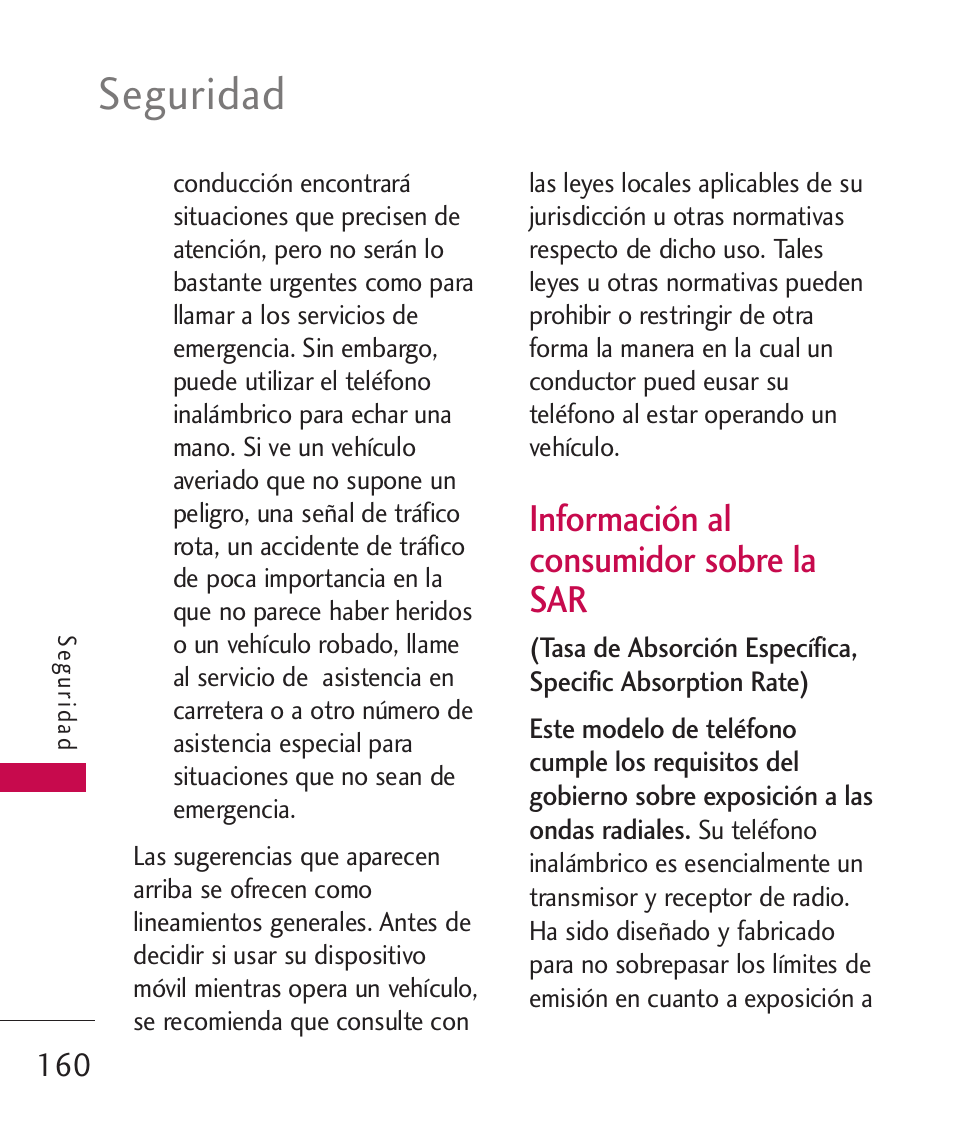 Información al consumidor so, Información al consumidor, Sobre la sar | Seguridad, Información al consumidor sobre la sar | LG LGAX8370 User Manual | Page 321 / 338