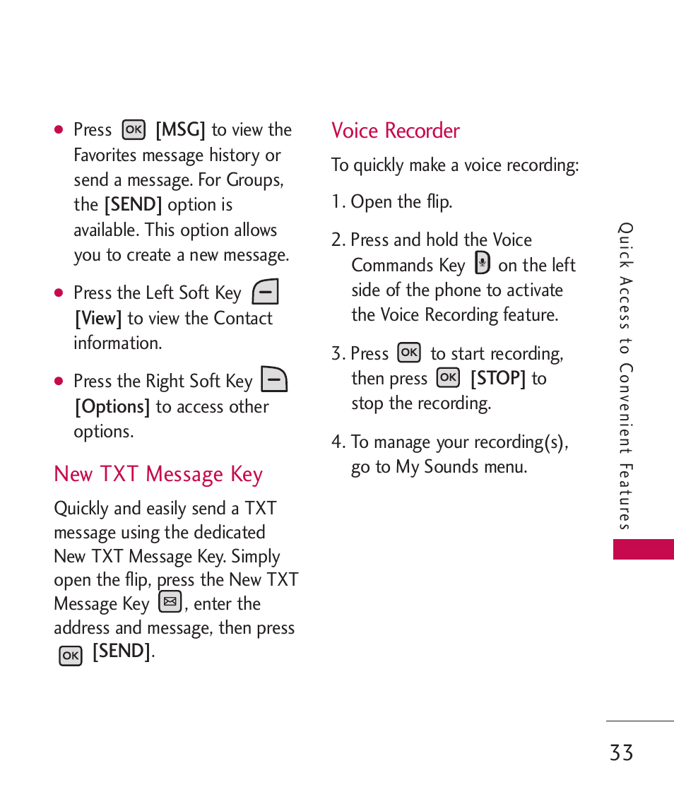 New txt message key, Voice recorder | LG LGAX8370 User Manual | Page 35 / 338