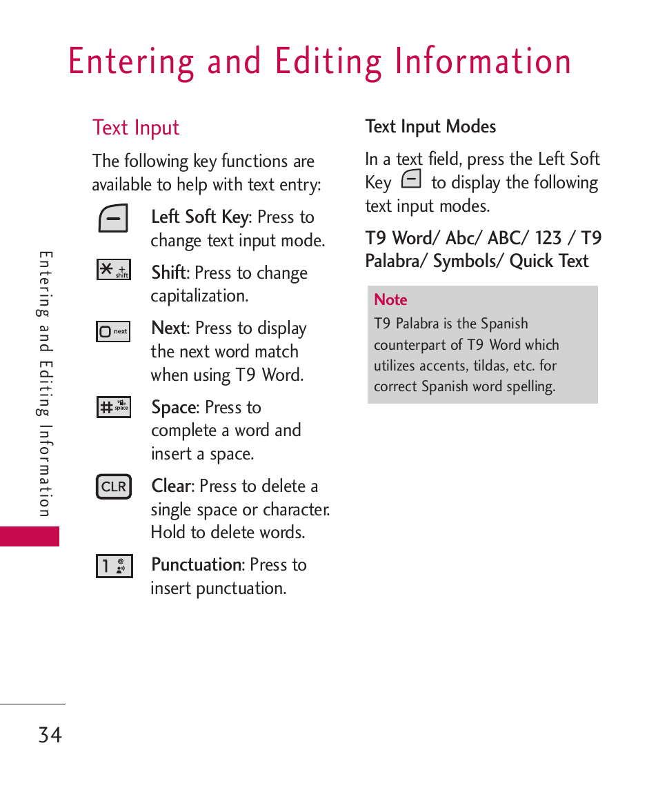 Entering and editing informa, Text input, Entering and editing | Information, Entering and editing information | LG LGAX8370 User Manual | Page 36 / 338