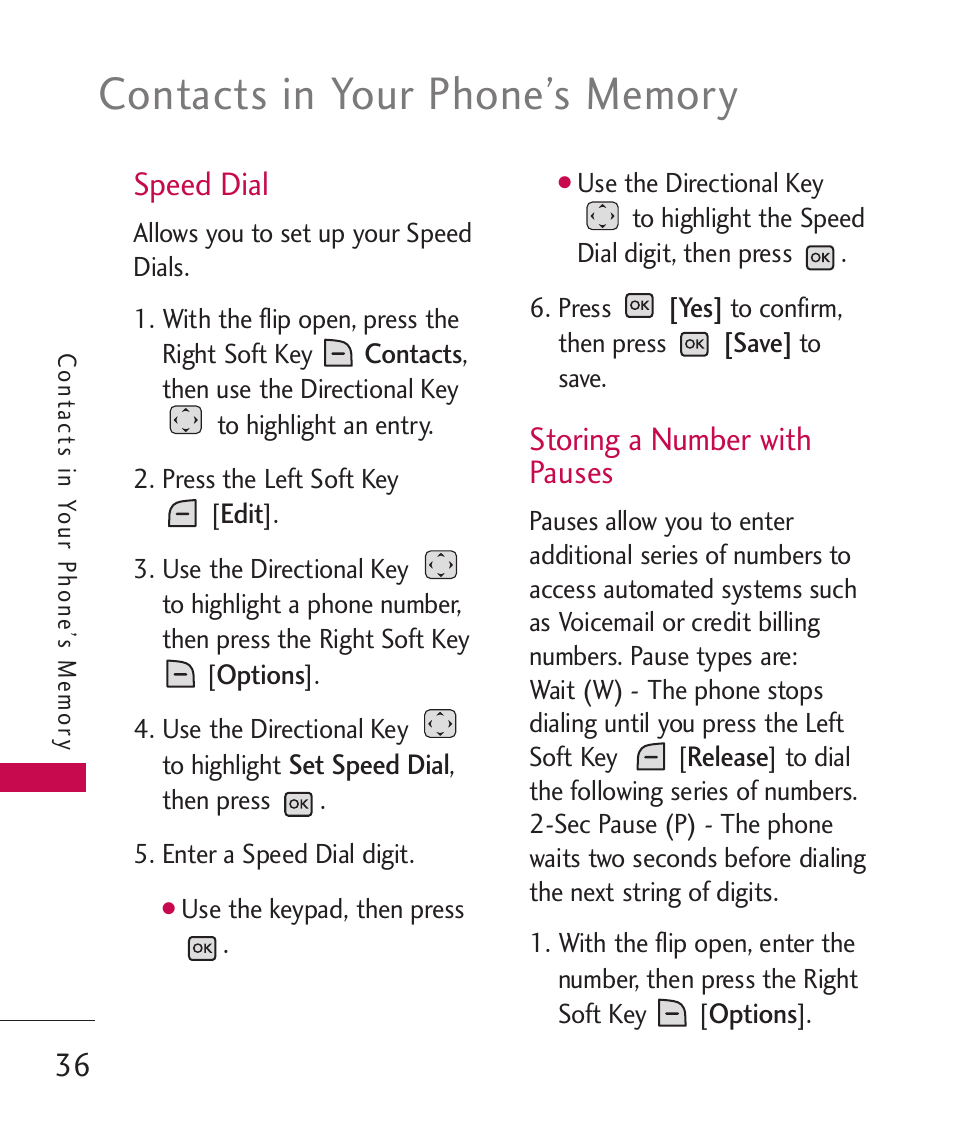 Speed dial, Storing a number with pauses | LG LGAX8370 User Manual | Page 38 / 338