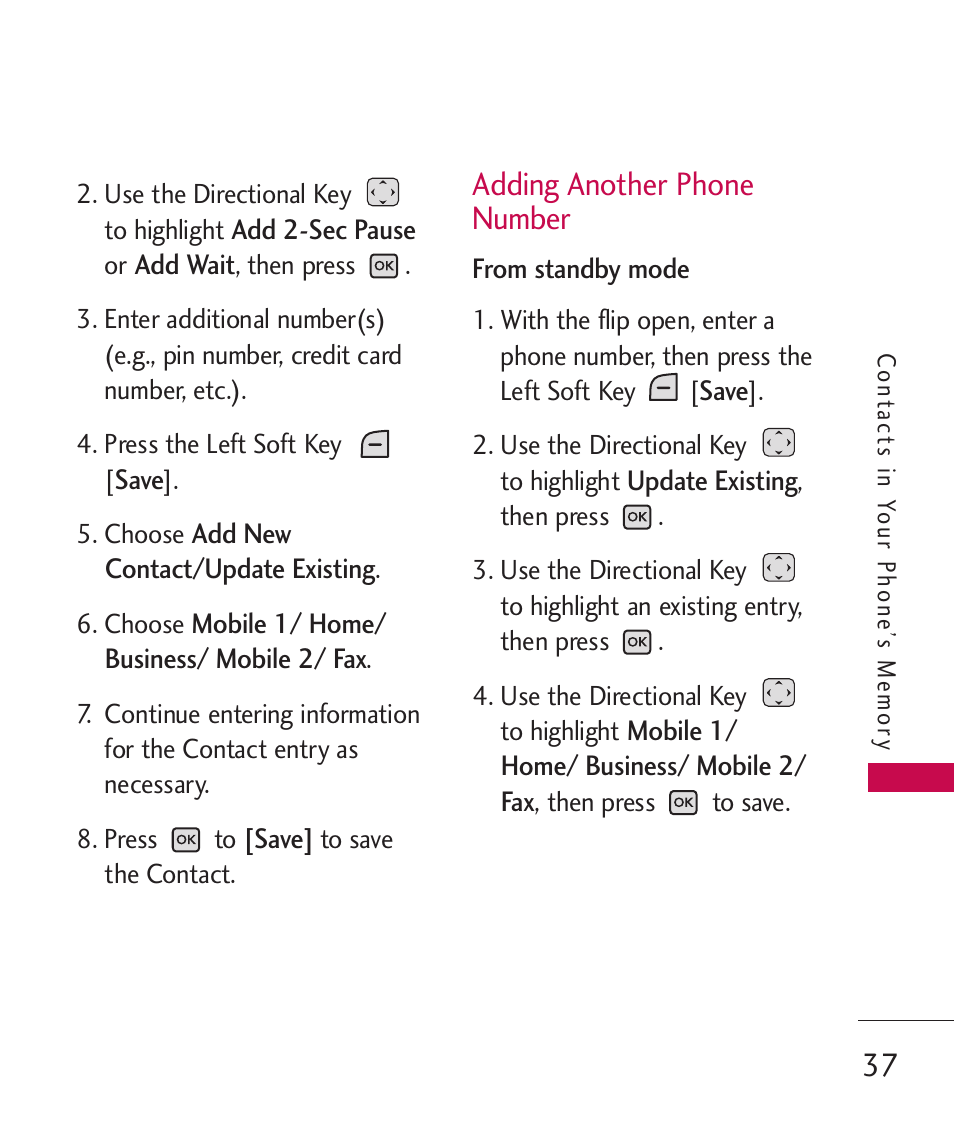 Adding another phone number, Adding another phone number 37 | LG LGAX8370 User Manual | Page 39 / 338