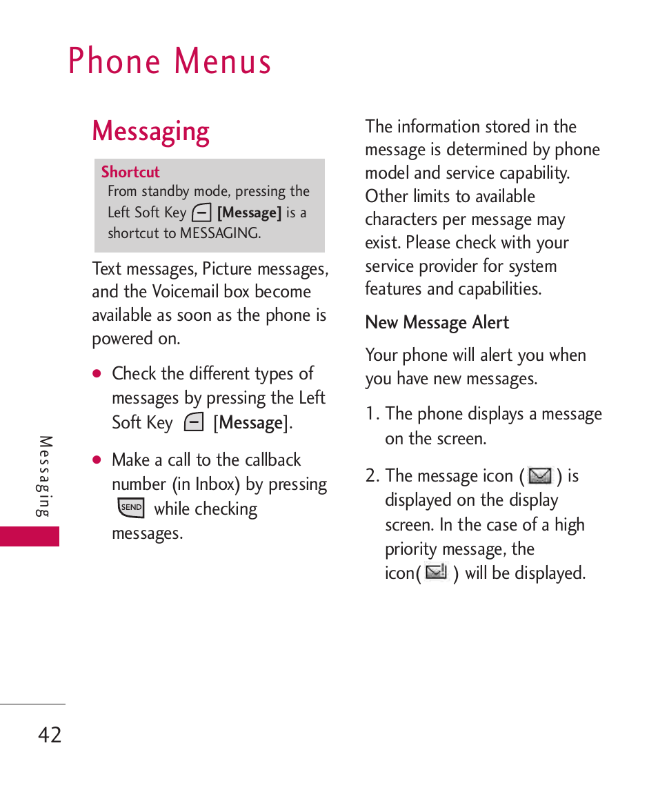 Phone menus, Messaging | LG LGAX8370 User Manual | Page 44 / 338