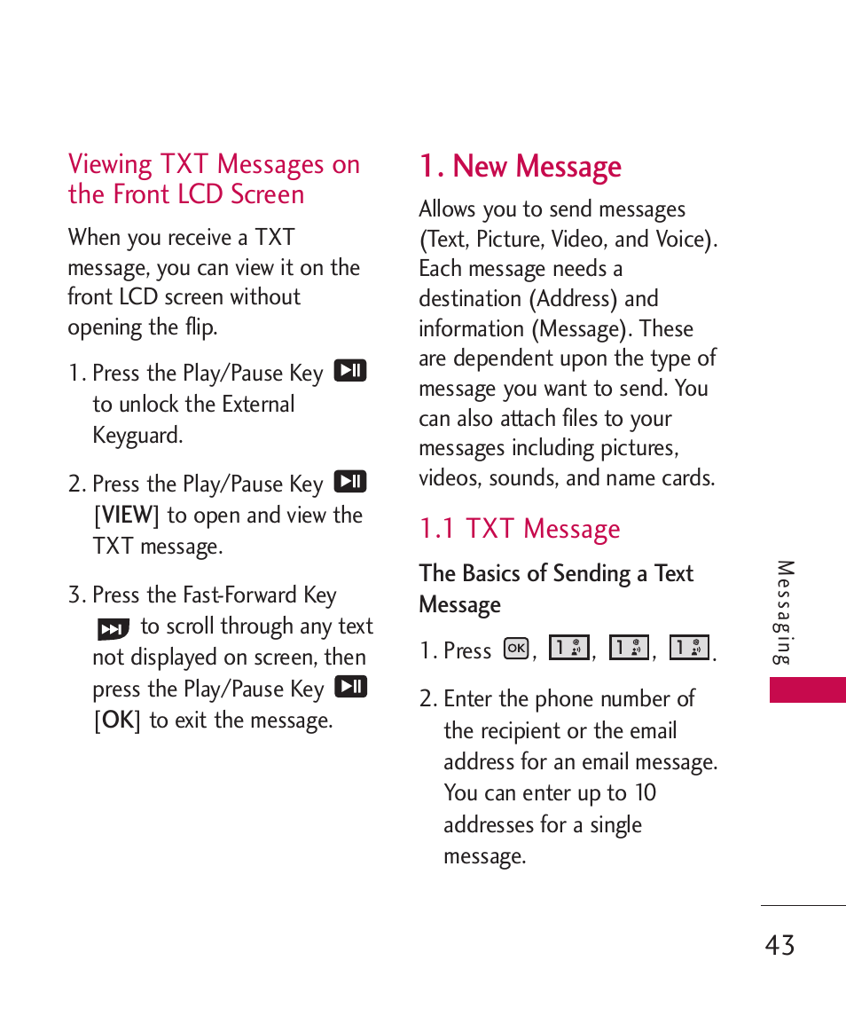 New message, 1 txt message, Viewing txt messages on the front lcd screen | LG LGAX8370 User Manual | Page 45 / 338