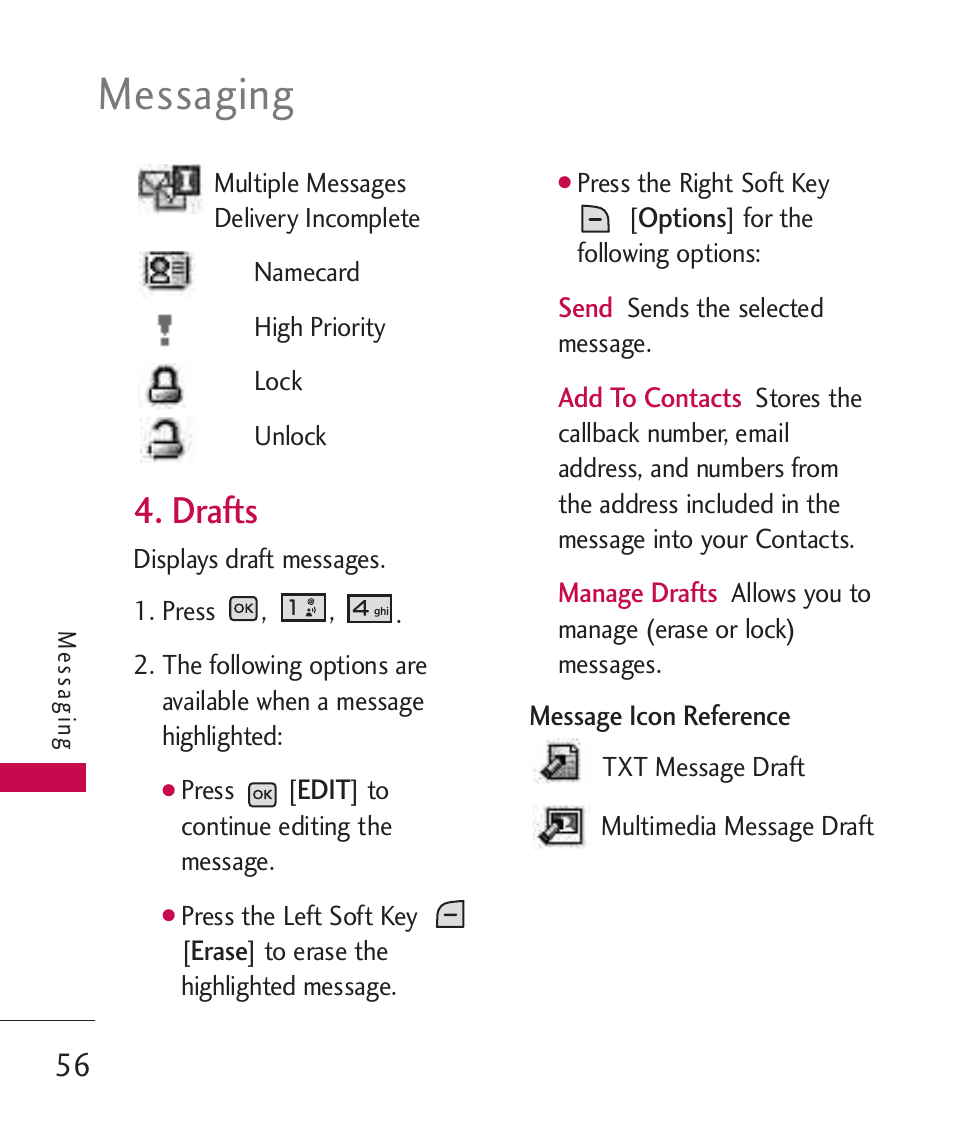 Drafts, Messaging | LG LGAX8370 User Manual | Page 58 / 338