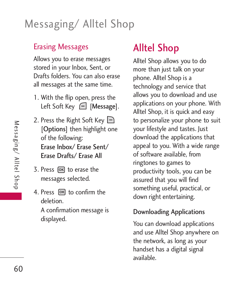 Alltel shop, Messaging/ alltel shop, Erasing messages | LG LGAX8370 User Manual | Page 62 / 338