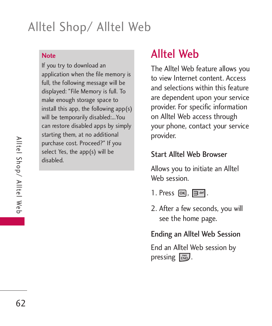 Alltel web, Alltel shop/ alltel web | LG LGAX8370 User Manual | Page 64 / 338