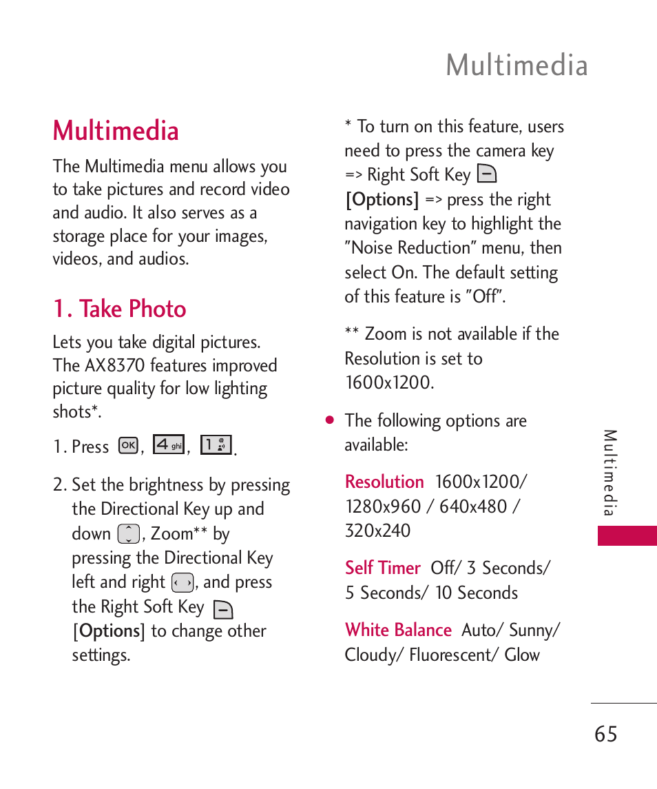 Multimedia, Take photo | LG LGAX8370 User Manual | Page 67 / 338