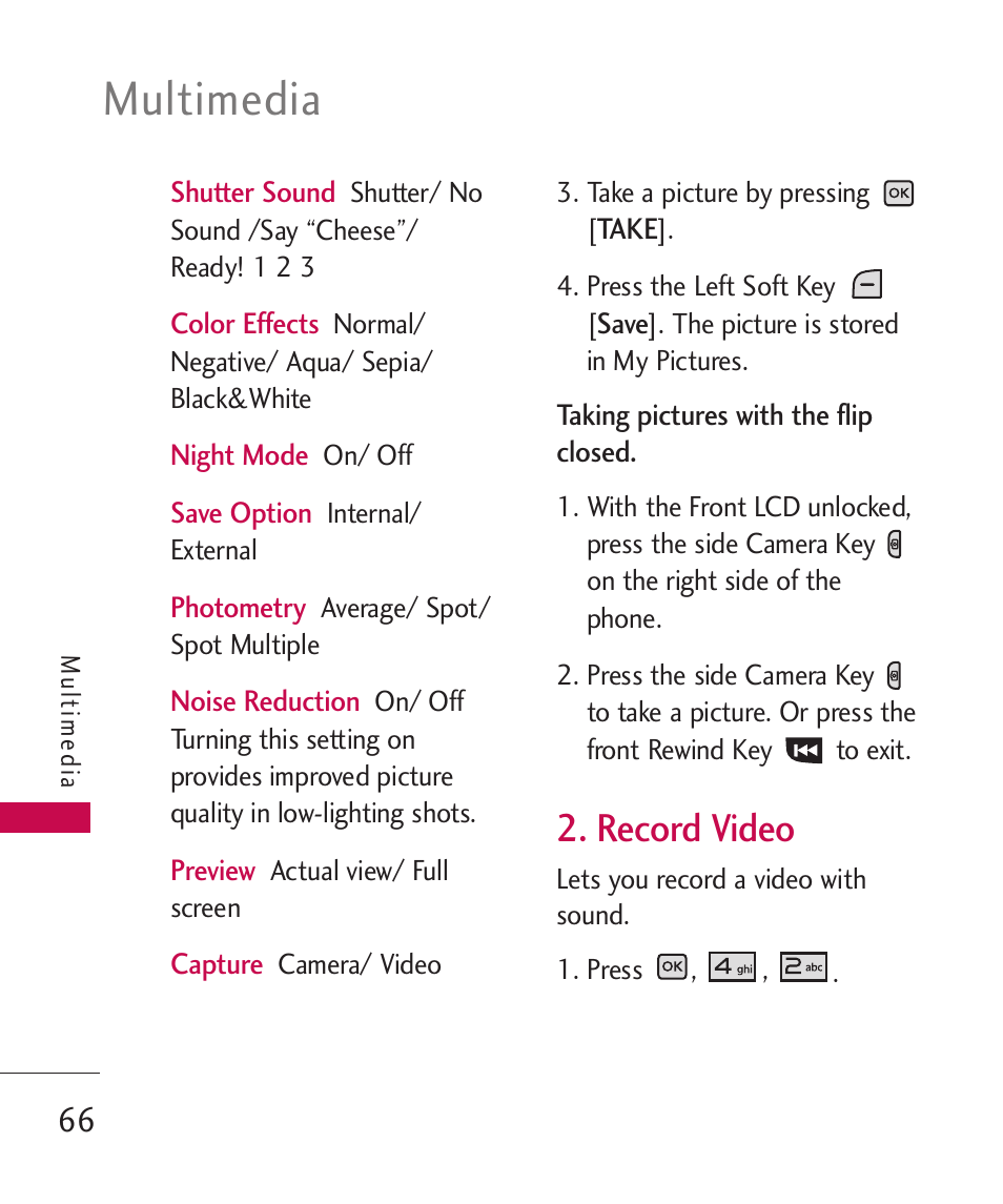 Record video, Multimedia | LG LGAX8370 User Manual | Page 68 / 338