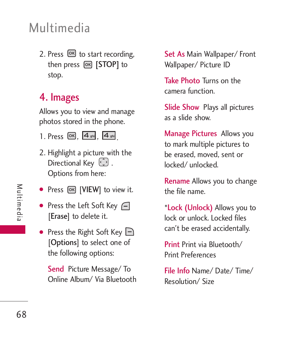 Images, Multimedia | LG LGAX8370 User Manual | Page 70 / 338