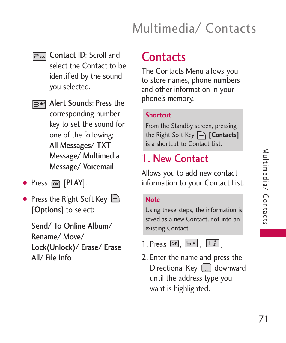 Contacts, New contact, Multimedia/ contacts | LG LGAX8370 User Manual | Page 73 / 338