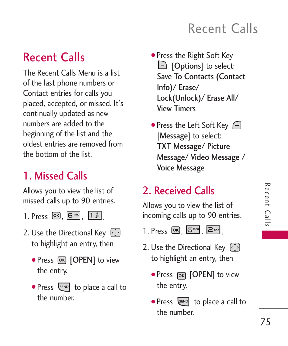 Recent calls, Missed calls, Received calls | LG LGAX8370 User Manual | Page 77 / 338