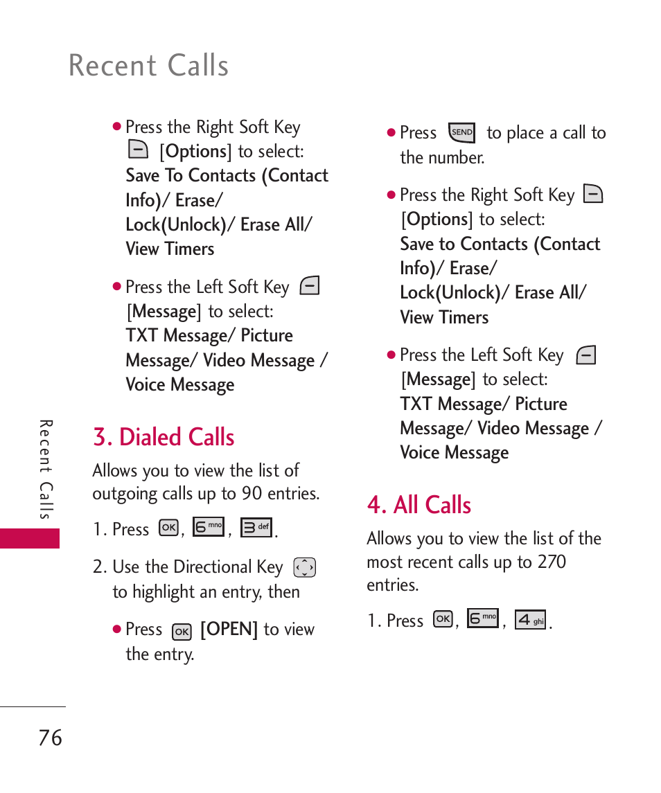 Dialed calls, All calls, Recent calls | LG LGAX8370 User Manual | Page 78 / 338