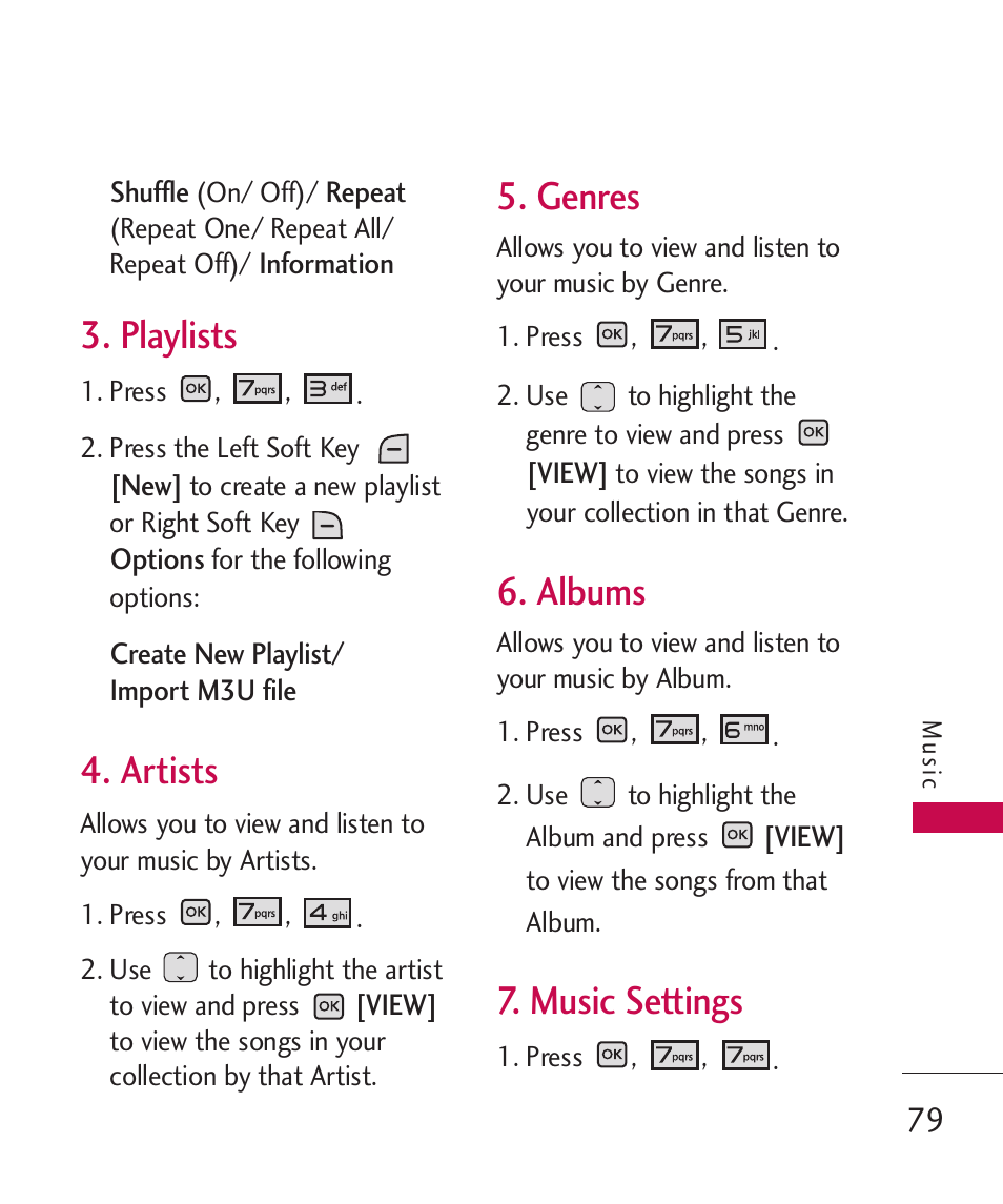 Playlists, Artists, Genres | Albums, Music settings | LG LGAX8370 User Manual | Page 81 / 338