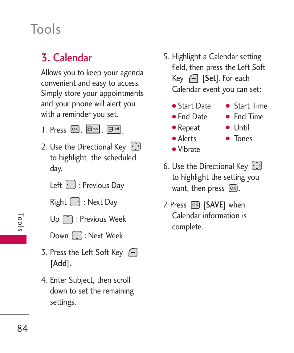 Calendar, Tools | LG LGAX8370 User Manual | Page 86 / 338