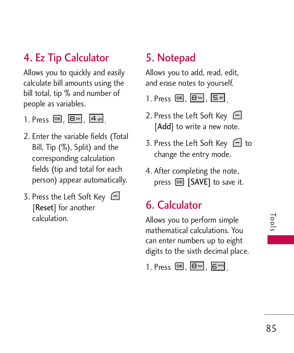 Ez tip calculator, Notepad, Calculator | LG LGAX8370 User Manual | Page 87 / 338