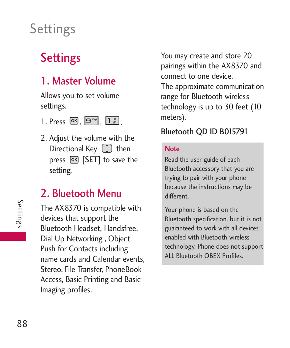 Settings, Master volume, Bluetooth menu | LG LGAX8370 User Manual | Page 90 / 338