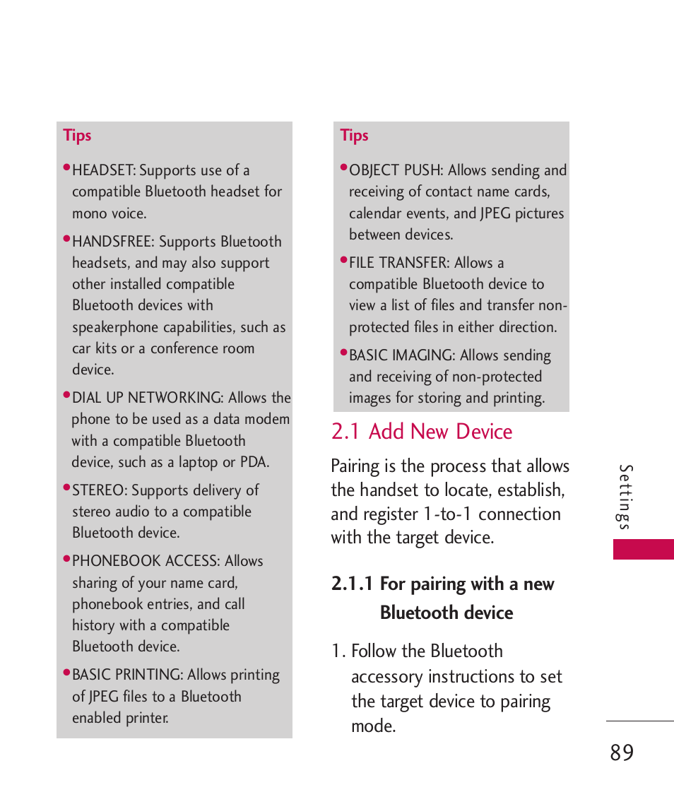 1 add new device, 1 for pairing with a new bluetooth device, Se ttin gs | LG LGAX8370 User Manual | Page 91 / 338