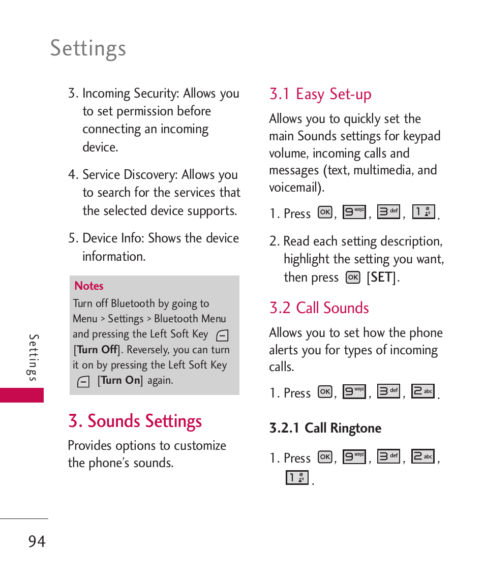 Sounds settings, 1 easy set-up, 2 call sounds | 1 call ringtone, Settings | LG LGAX8370 User Manual | Page 96 / 338