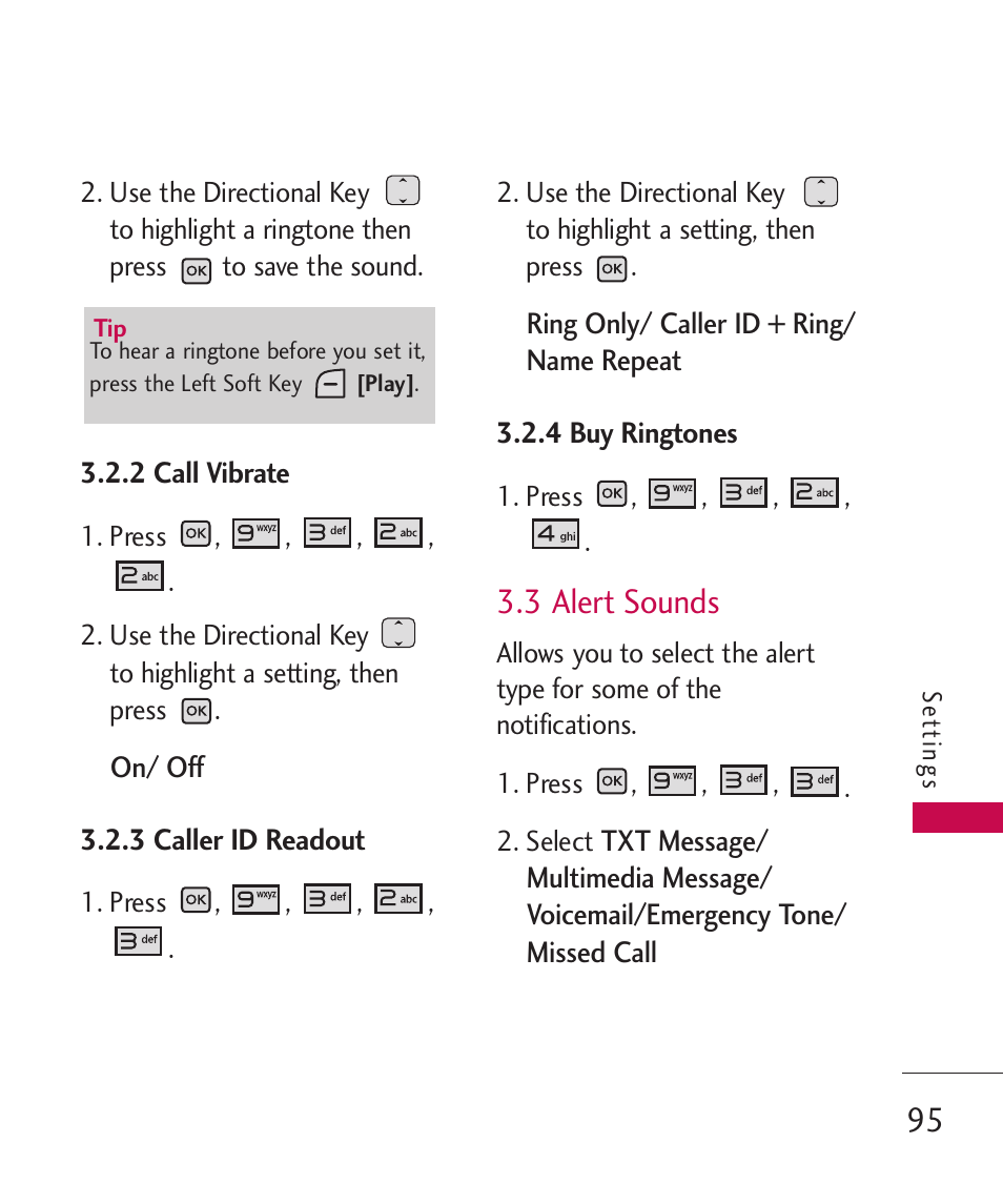 2 call vibrate, 3 caller id readout, 4 buy ringtones | 3 alert sounds | LG LGAX8370 User Manual | Page 97 / 338