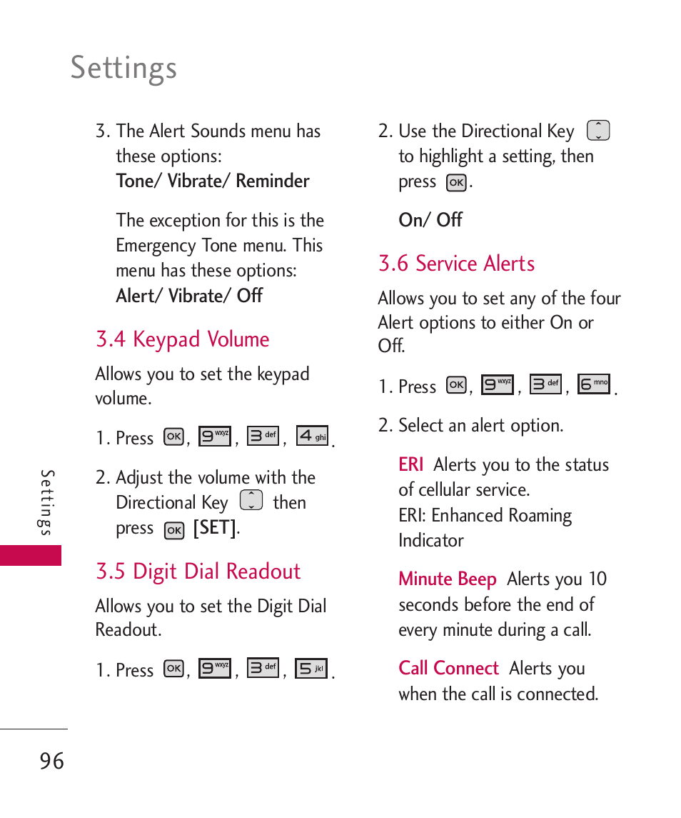 4 keypad volume, 5 digit dial readout, 6 service alerts | Settings | LG LGAX8370 User Manual | Page 98 / 338