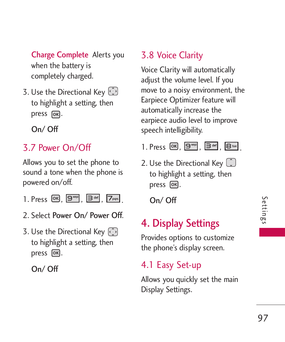 7 power on/off, 8 voice clarity, Display settings | 1 easy set-up | LG LGAX8370 User Manual | Page 99 / 338