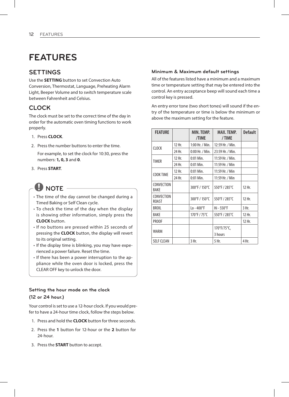 Features, Settings, Clock | LG LRE3023SW User Manual | Page 12 / 84