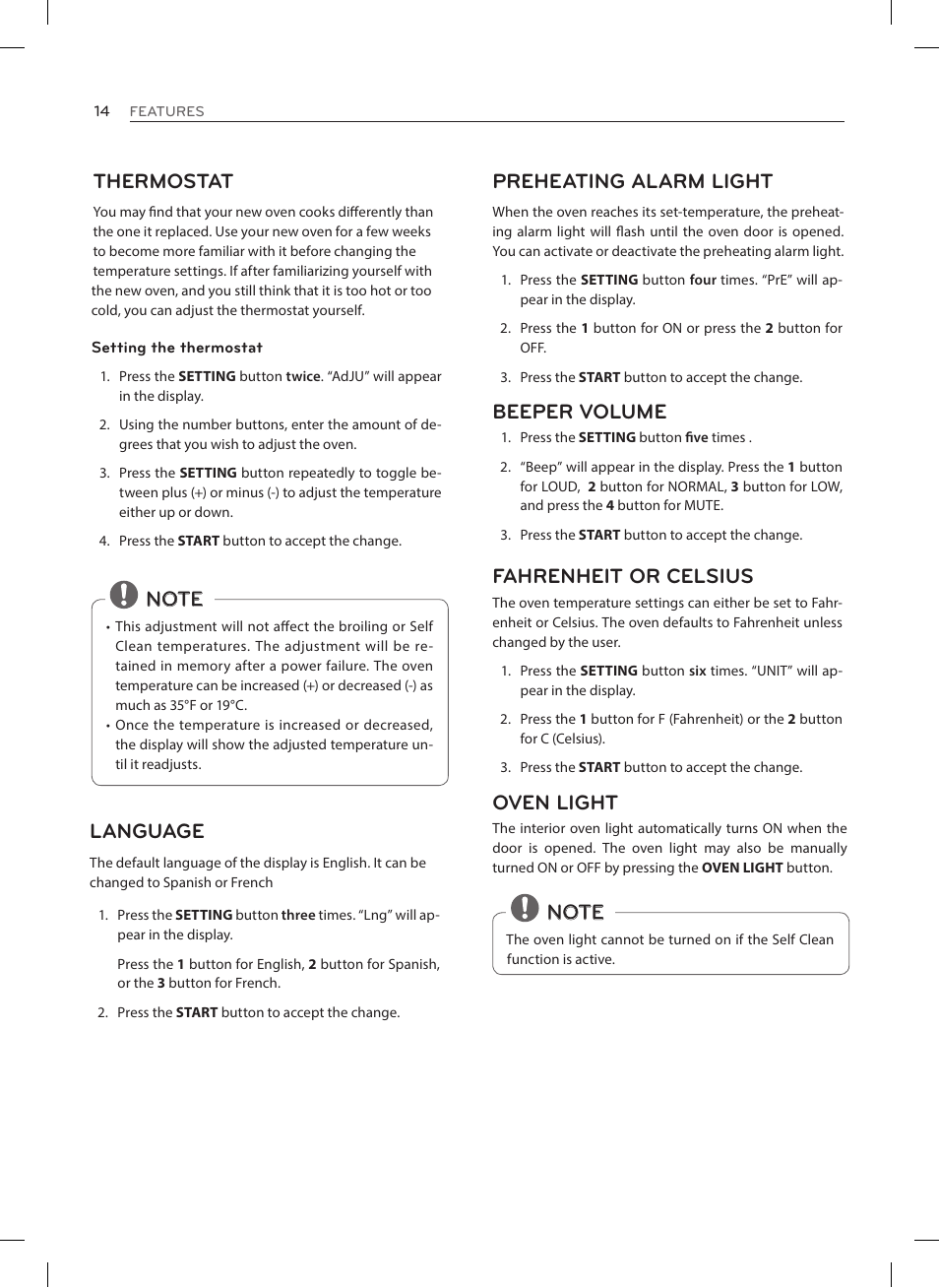 Preheating alarm light, Beeper volume, Fahrenheit or celsius | Oven light | LG LRE3023SW User Manual | Page 14 / 84