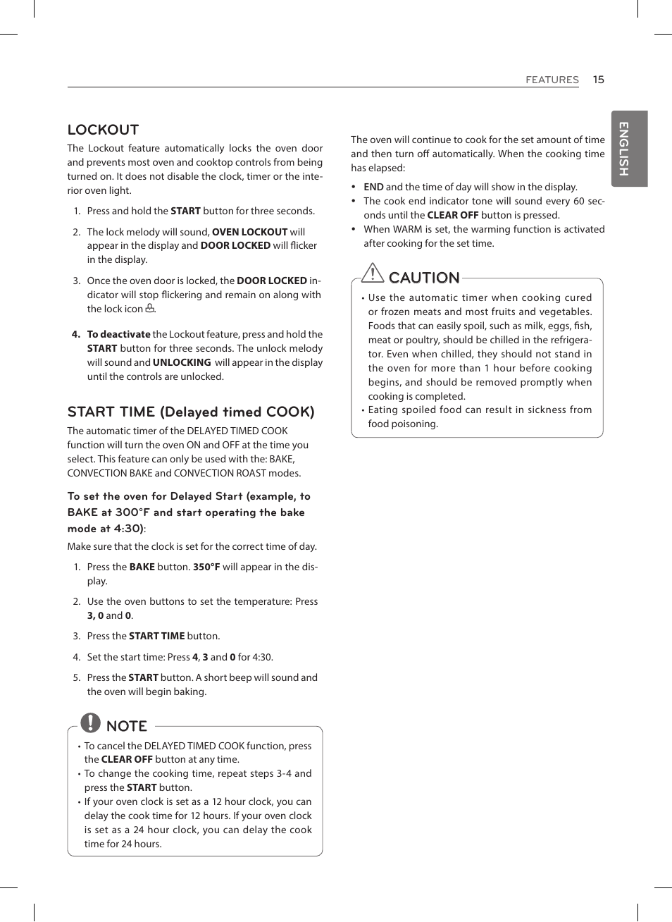 Caution, Lockout, Start time (delayed timed cook) | LG LRE3023SW User Manual | Page 15 / 84