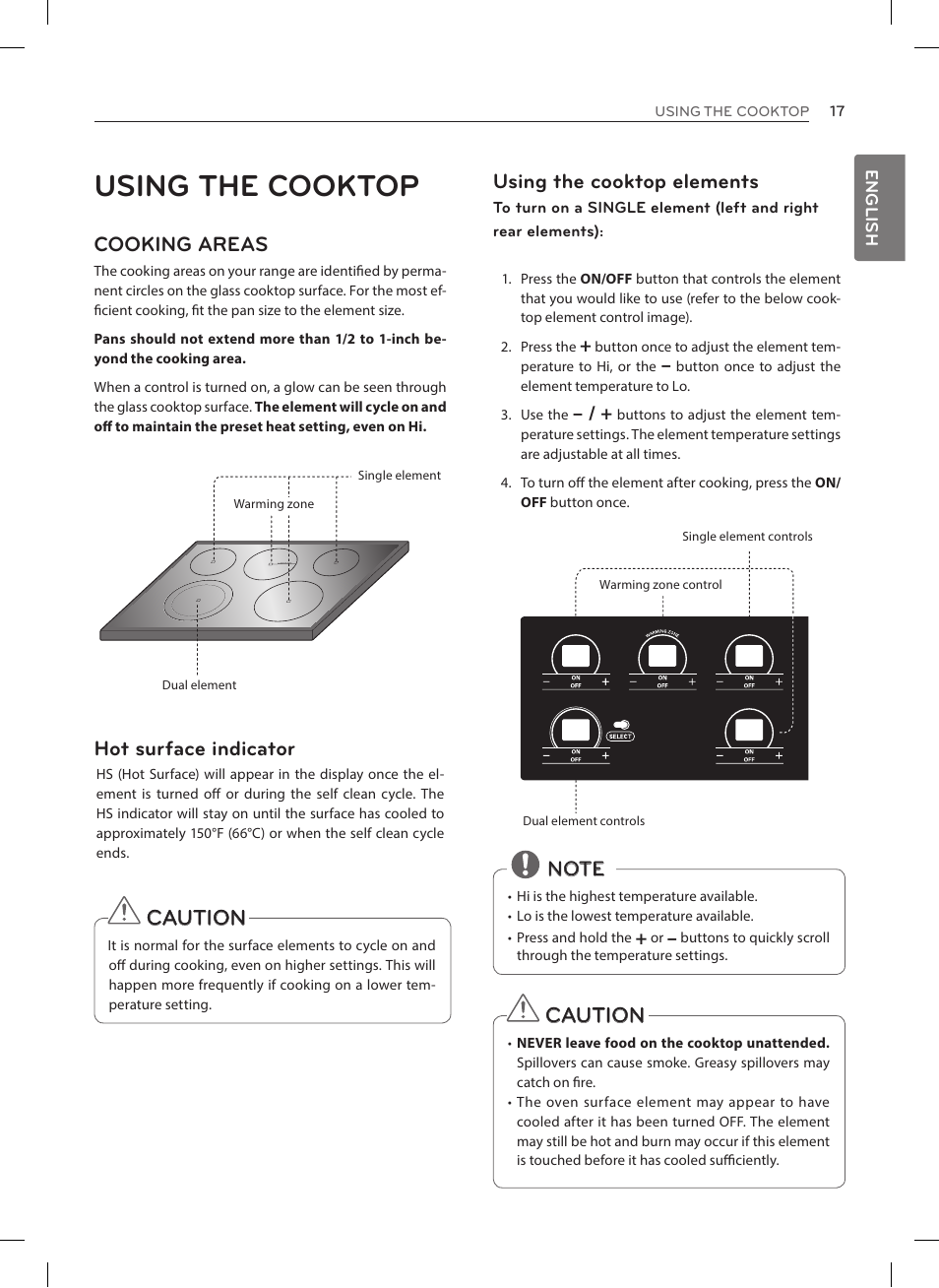 Using the cooktop, Caution, Cooking areas | Hot surface indicator, Using the cooktop elements | LG LRE3023SW User Manual | Page 17 / 84