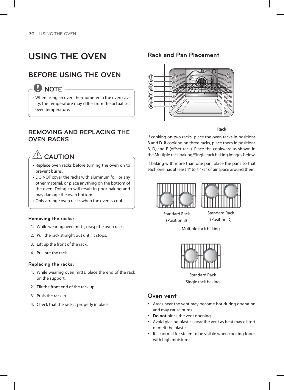 Using the oven, Before using the oven, Caution | Rack and pan placement, Oven vent, Removing and replacing the oven racks | LG LRE3023SW User Manual | Page 20 / 84