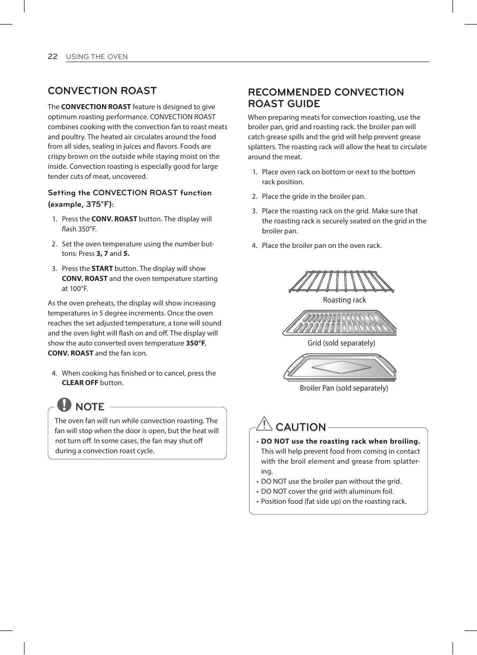 Caution, Convection roast | LG LRE3023SW User Manual | Page 22 / 84