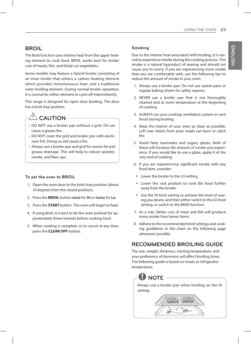 Caution, Broil, Recommended broiling guide | LG LRE3023SW User Manual | Page 23 / 84
