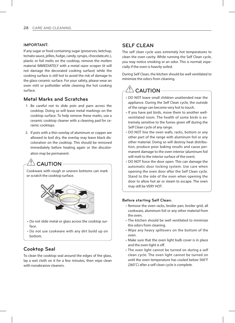 Caution, Self clean, Metal marks and scratches | Cooktop seal | LG LRE3023SW User Manual | Page 28 / 84