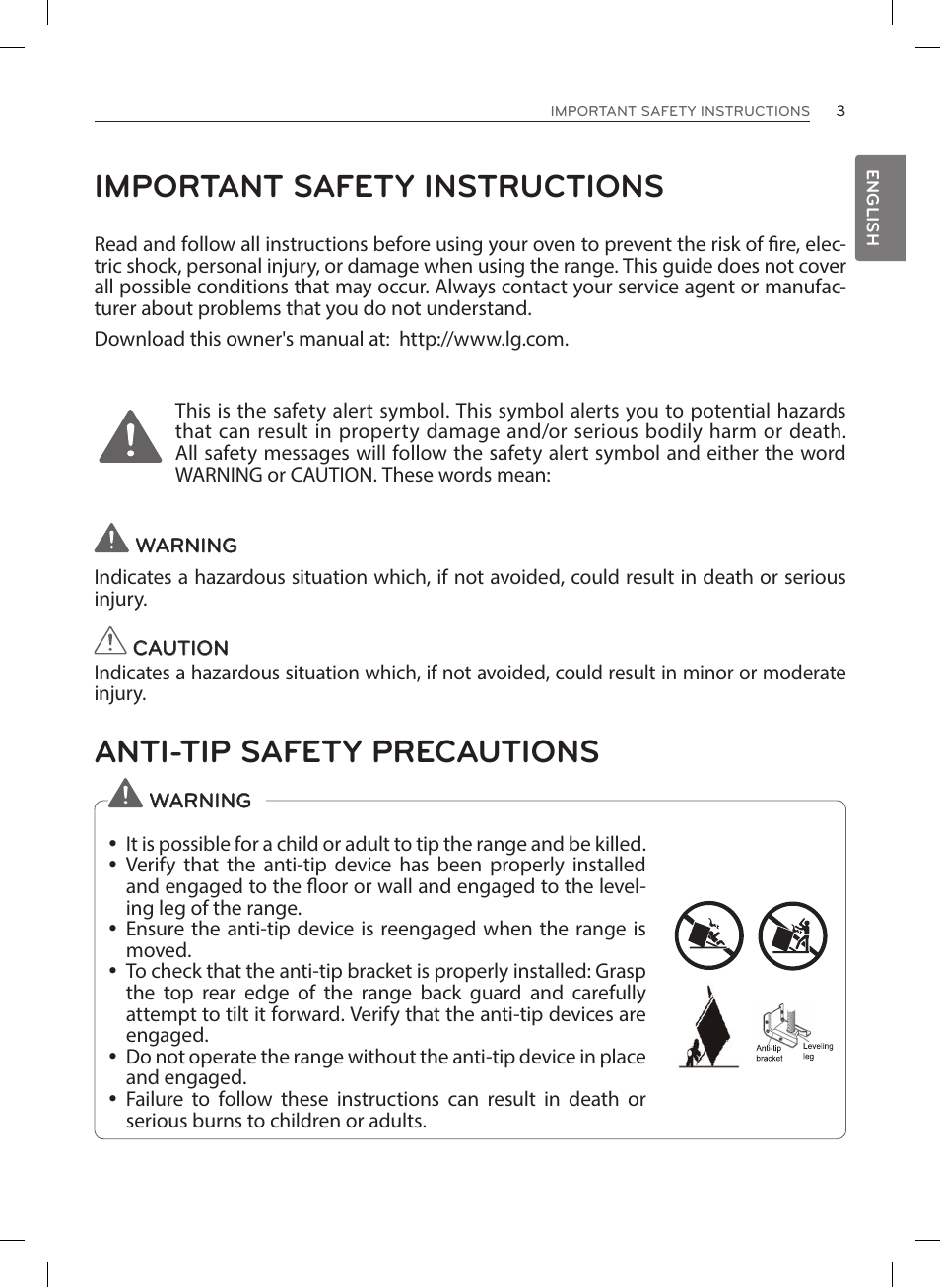 Important safety instructions, Anti-tip safety precautions | LG LRE3023SW User Manual | Page 3 / 84